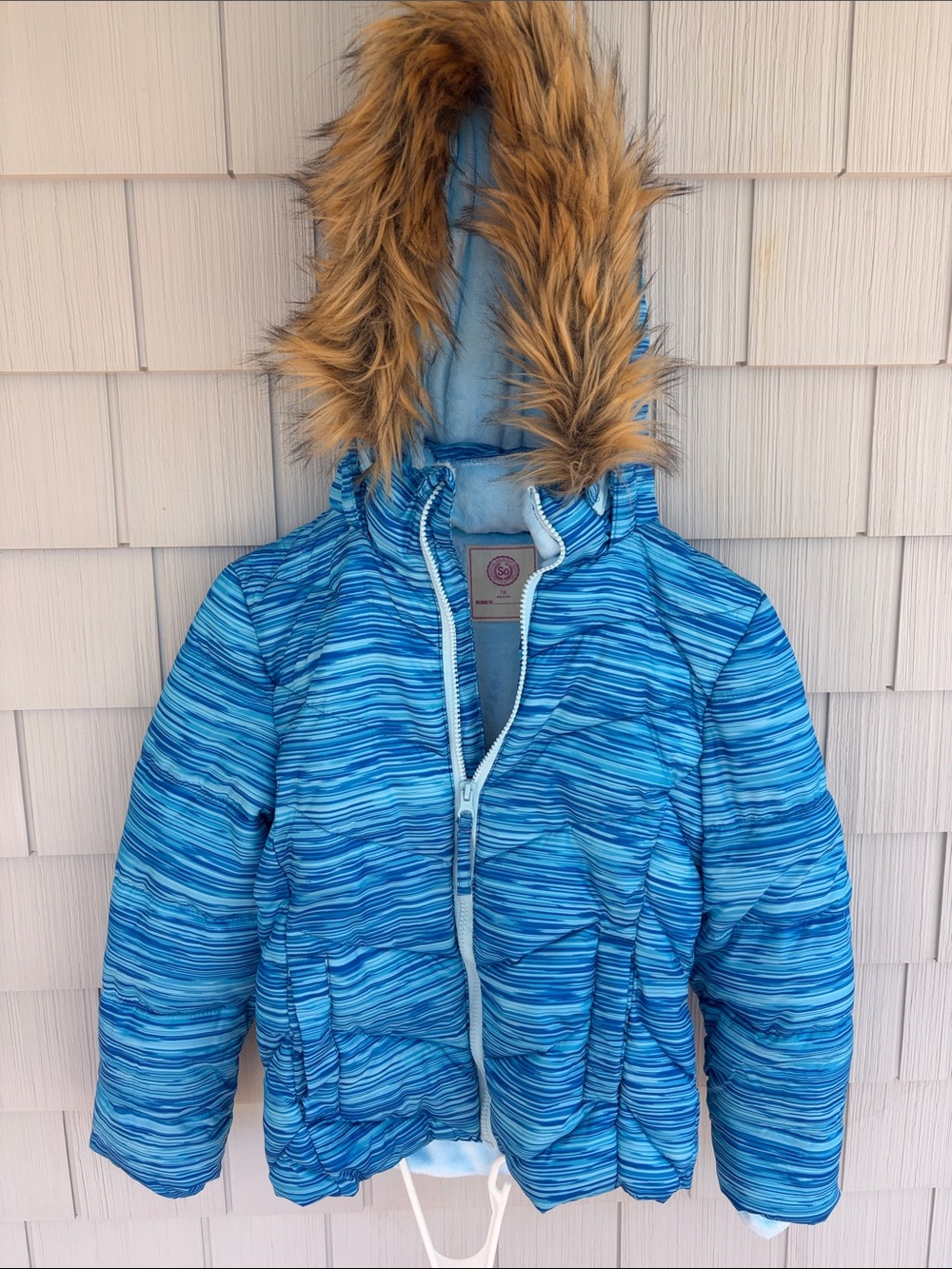 SO Blue Striped Puffer Jacket with Faux Fur Hood